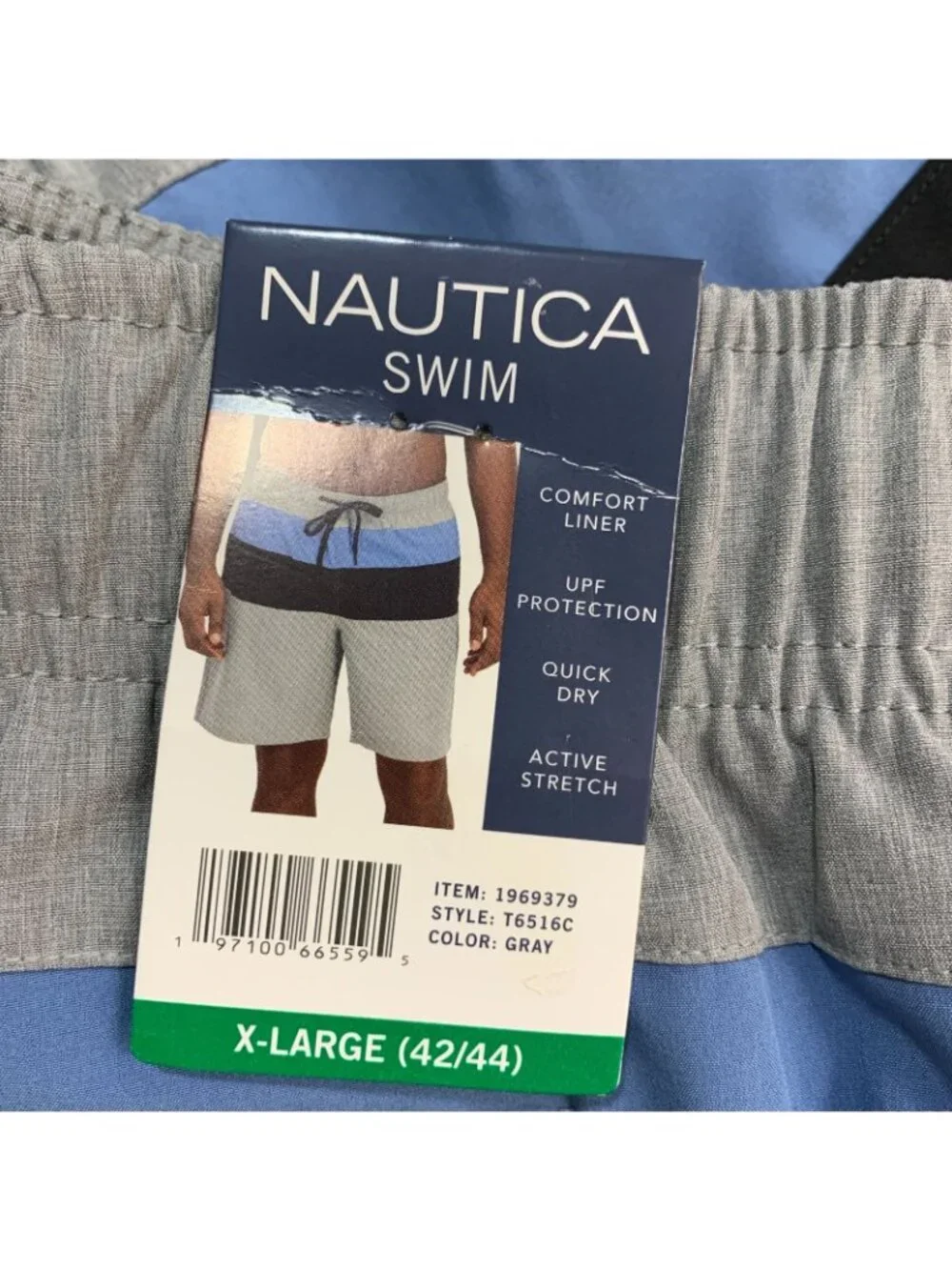 NWT Nautica Men's XL Gray Blue Swim Shorts Black UPF Quick Dry Mens